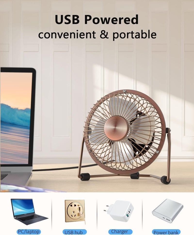 Zuvas Desk Fan Quiet Small USB Fan 360° Rotation Portable Table Fan 2 Speed Mini Personal Fan Air Cooling Electric Fan for Home Office Bedroom Travel Camping, 4 inch Bronze - Image 3